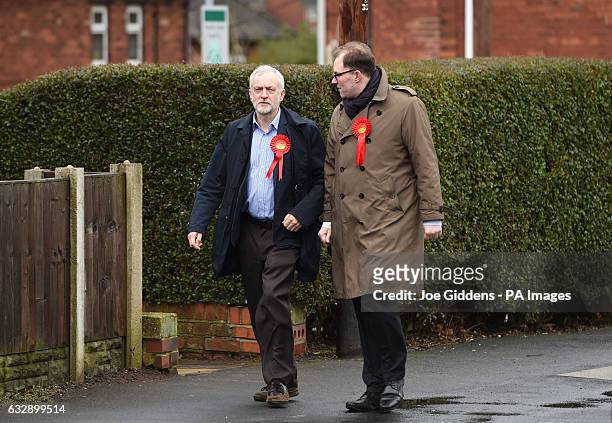 Labour Party leader Jeremy Corbyn and candidate Gareth Snell walk down Dawlish Drive during the party's campaign trail for the Stoke-on-Trent Central...