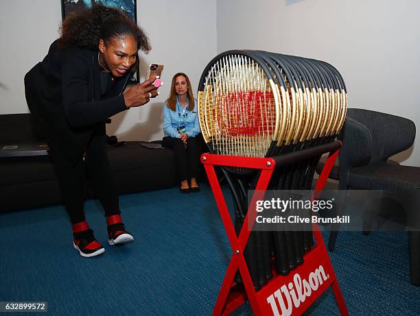 Serena Williams of the United States is presented with a special 23 Grand Slam Tennis Racket after winning the 2017 Women's Singles Final at...