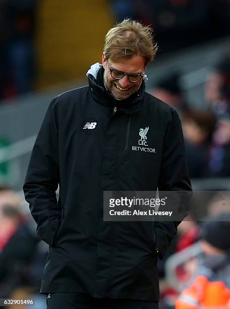 Jurgen Klopp, Manager of Liverpool looks on during the Emirates FA Cup Fourth Round match between Liverpool and Wolverhampton Wanderers at Anfield on...