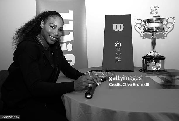 Serena Williams of the United States is presented with a special 23 Grand Slam Tennis Racket after winning the 2017 Women's Singles Final at...