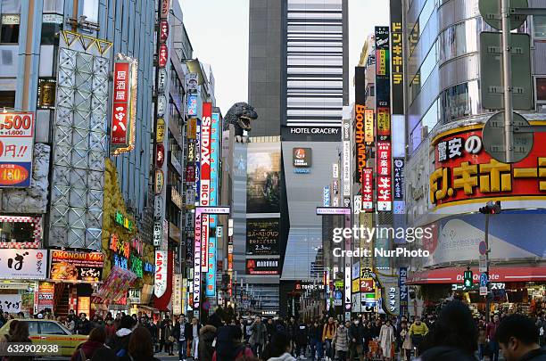 Giant Godzilla head in the Shinjuku district towers 52 meters above the street in Tokyo, Japan, January 28, 2017.