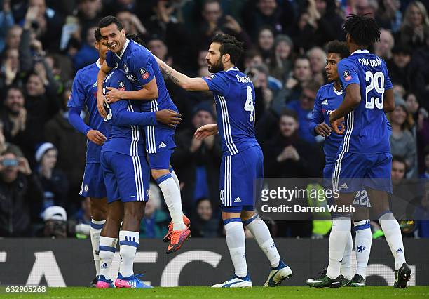 Pedro of Chelsea celebrates scoring his team's second goal with his team mates during the Emirates FA Cup Fourth Round match between Chelsea and...