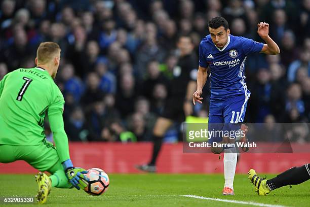 Pedro of Chelsea scores his sides second goal during the Emirates FA Cup Fourth Round match between Chelsea and Brentford at Stamford Bridge on...