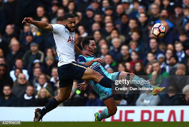 Sam Wood of Wycombe Wanderers and Cameron Carter-Vickers of Tottenham Hotspur compete for the ball during the Emirates FA Cup Fourth Round match...