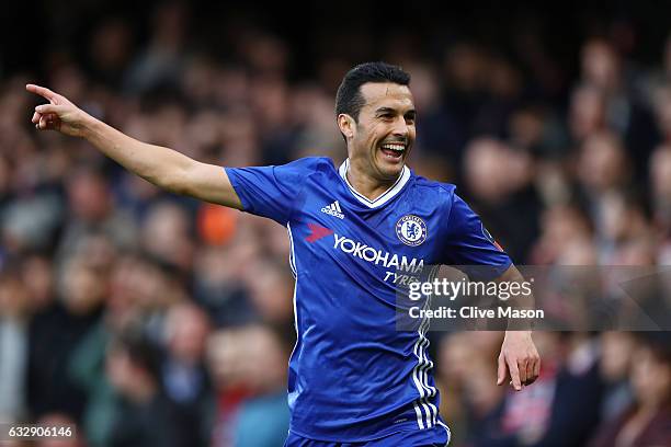 Pedro of Chelsea celebrates after scoring his sides second goal during the Emirates FA Cup Fourth Round match between Chelsea and Brentford at...