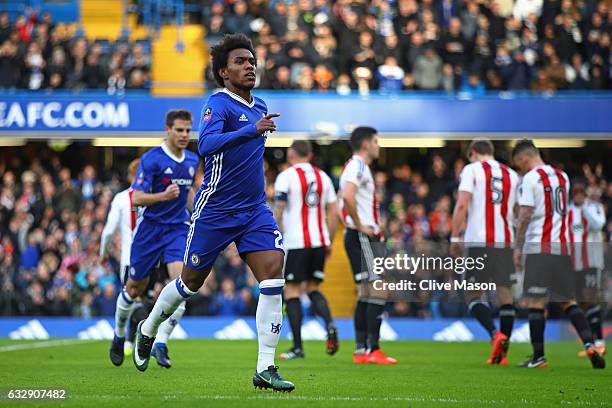 Willian of Chelsea celebrates scoring the opening goal during the Emirates FA Cup Fourth Round match between Chelsea and Brentford at Stamford Bridge...