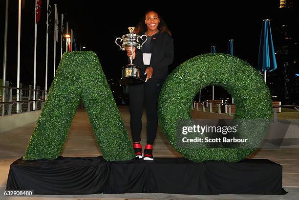 Serena Williams of the United States poses for a selfie photo with the Daphne Akhurst Memorial Cup after winning the 2017 Women's Singles Australian...