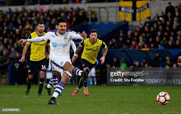 Aleksandar Mitrovic of Newcastle United misses a penalty during the Emirates FA Cup Fourth Round match between Oxford United and Newcastle United at...