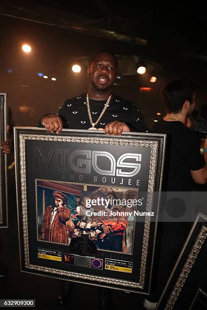 View of the plaque presented to Migos during their performance at Highline Ballroom on January 27, 2017 in New York City.