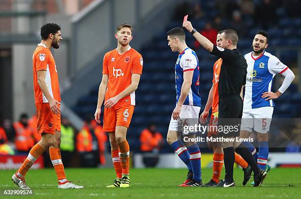 Kelvin Mellor of Blackpool is shown a red card during the Emirates FA Cup Fourth Round match between Blackburn Rovers and Blackpool at Ewood Park on...