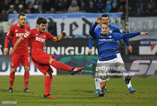 Milo Jojic of Koeln scores his team's fifth goal during the Bundesliga match between SV Darmstadt 98 and 1. FC Koeln at Stadion am Boellenfalltor on...