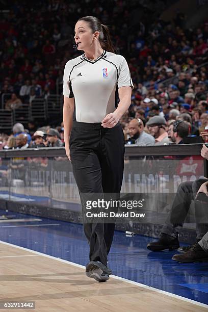 Referee, Lauren Holtkamp walks up court during the Houston Rockets game against the Philadelphia 76ers at Wells Fargo Center on January 27, 2017 in...