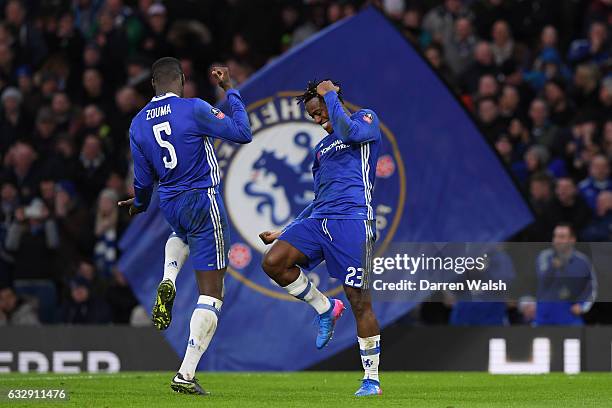 Michy Batshuayi of Chelsea celebrates with Kurt Zouma of Chelsea after scoring his sides fourth goal during the Emirates FA Cup Fourth Round match...