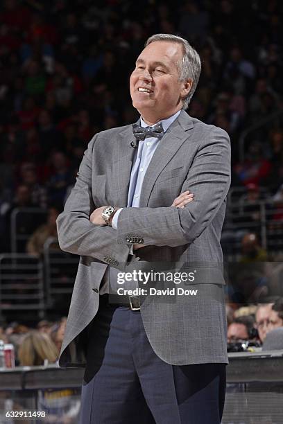 Mike D'Antoni of the Houston Rockets smiles during the game against the Philadelphia 76ers at Wells Fargo Center on January 27, 2017 in Philadelphia,...