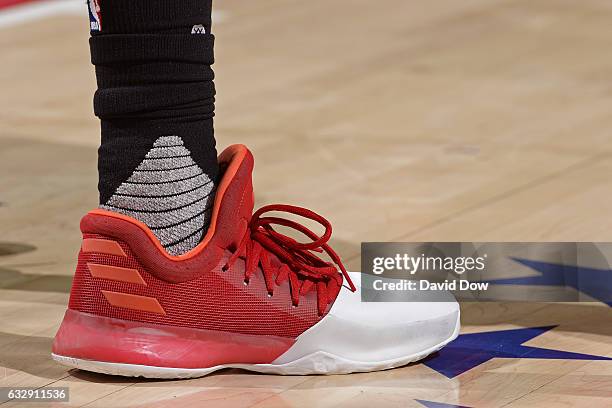 The shoes of James Harden of the Houston Rockets during the game against the Philadelphia 76ers at Wells Fargo Center on January 27, 2017 in...