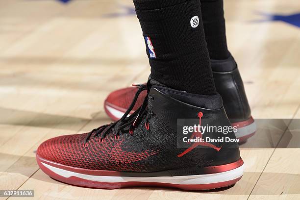 The shoes of Nene Hilario of the Houston Rockets during the game against the Philadelphia 76ers at Wells Fargo Center on January 27, 2017 in...