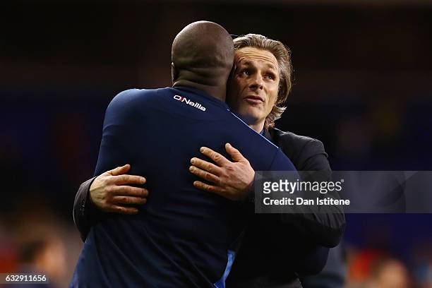 Adebayo Akinfenwa of Wycombe Wandearers and Gareth Ainsworth, Manager of Wycombe Wanderers look dejected after the full time whistle during the...