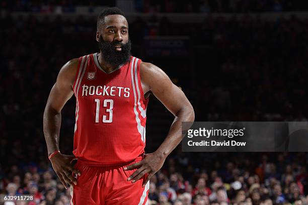 James Harden of the Houston Rockets stands on the court during the game against the Philadelphia 76ers at Wells Fargo Center on January 27, 2017 in...