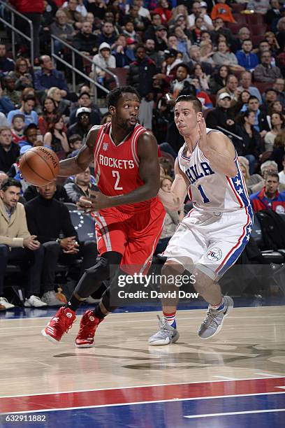 Patrick Beverley of the Houston Rockets drives to the basket against the Philadelphia 76ers at Wells Fargo Center on January 27, 2017 in...