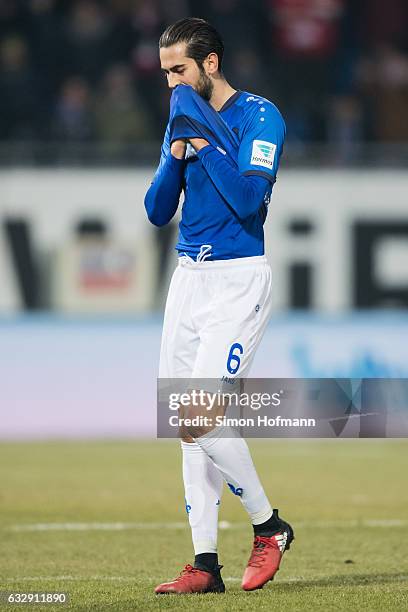 Mario Vrancic of Darmstadt reacts during the Bundesliga match between SV Darmstadt 98 and 1. FC Koeln at Jonathan-Heimes-Stadion am Boellenfalltor on...