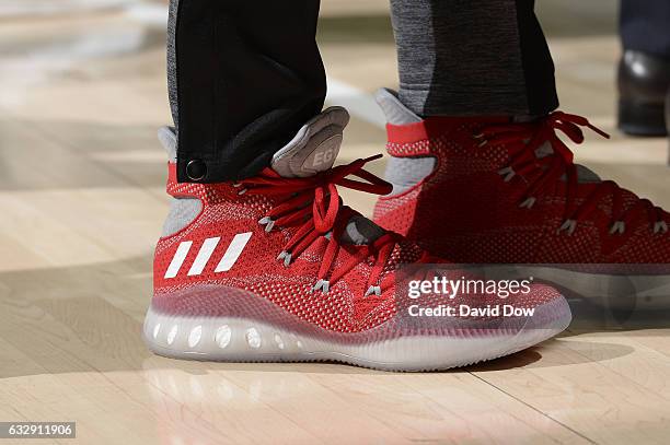 The shoes of Eric Gordon of the Houston Rockets during the game against the Philadelphia 76ers at Wells Fargo Center on January 27, 2017 in...