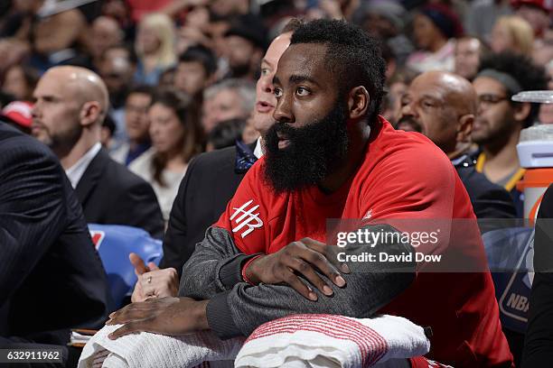 James Harden of the Houston Rockets looks on from the bench during the game against the Philadelphia 76ers at Wells Fargo Center on January 27, 2017...