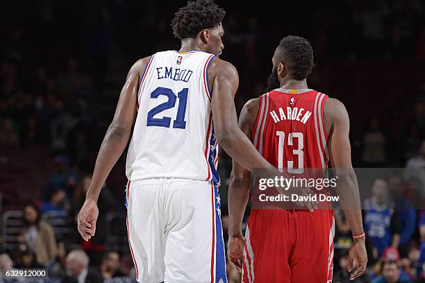 Joel Embiid of the Philadelphia 76ers and James Harden of the Houston Rockets have a conversation during the game at Wells Fargo Center on January...