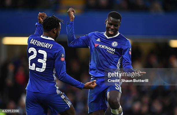 Michy Batshuayi of Chelsea celebrates with Kurt Zouma of Chelsea after scoring his sides fourth goal during the Emirates FA Cup Fourth Round match...