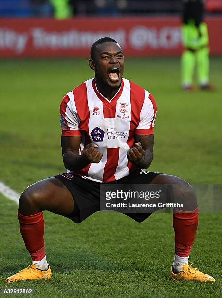 Theo Robinson of Lincoln City celebrates his side's second goal scored by Fikayo Tomori of Brighton and Hove Albion during the Emirates FA Cup Fourth...