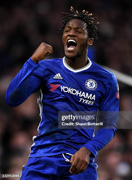 Michy Batshuayi of Chelsea celebrates after scoring his sides fourth goal during the Emirates FA Cup Fourth Round match between Chelsea and Brentford...