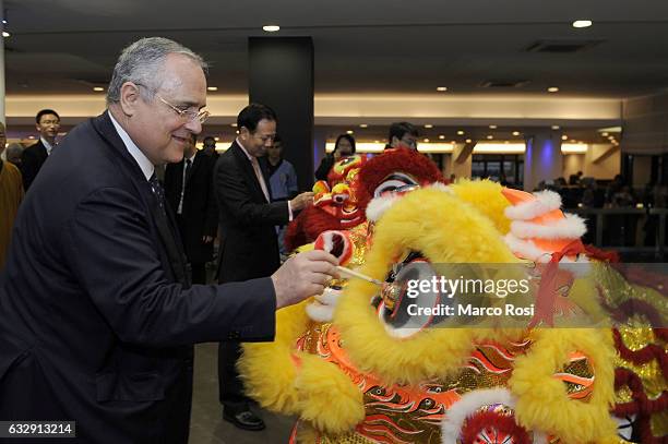 Chinese ambassador in Rome Li Ruiyu and S.S. Lazio president Claudio Lotito before the Serie A match between SS Lazio and AC Chievo Verona at Stadio...