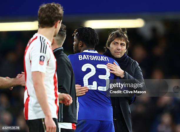 Antonio Conte, Manager of Chelsea speaks with Michy Batshuayi of Chelsea during the Emirates FA Cup Fourth Round match between Chelsea and Brentford...