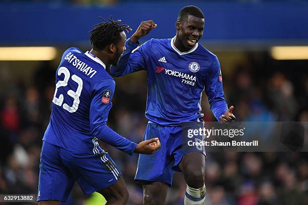 Michy Batshuayi of Chelsea celebrates with Kurt Zouma of Chelsea after scoring his sides fourth goal during the Emirates FA Cup Fourth Round match...