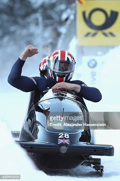 Bruce Tasker and his team mate Joel Fearon of Grait Britain celebrate after the 2nd run of the 2-man Bobsleigh BMW IBSF World Cup at Deutsche Post...