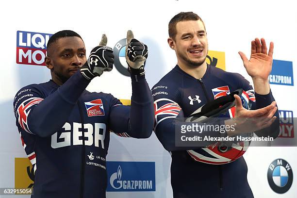Bruce Tasker and his team mate Joel Fearon of Grait Britain celebrate after the 2nd run of the 2-man Bobsleigh BMW IBSF World Cup at Deutsche Post...