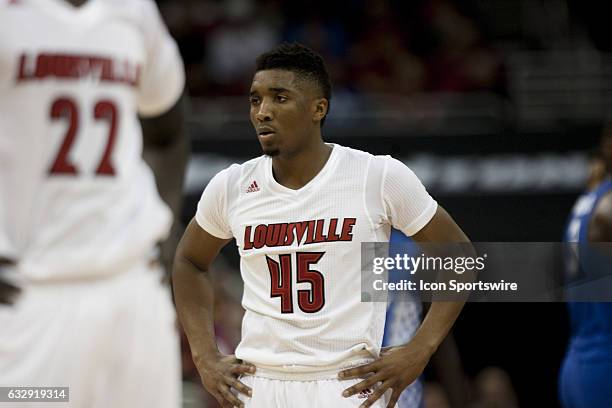Louisville Cardinals guard Donovan Mitchell looks down the floor in the first half on December 21, 2016 at the KFC Yum! Center in Louisville, KY....