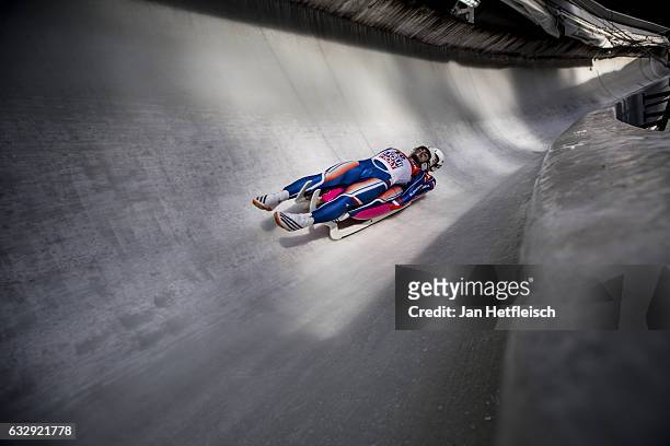 Marek Solcansky and Karol Stuchlak of Slovakia compete in the first heat of the Men's Double Luge competition during the second day of the FILWorld...