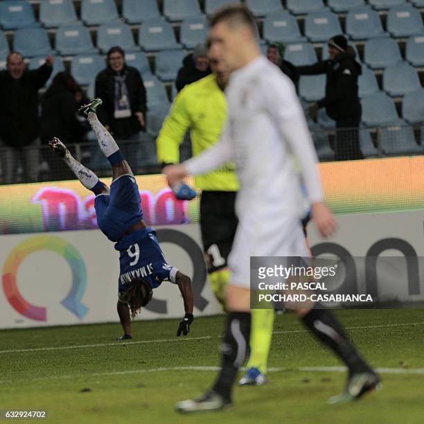 Bastia's French midfielder Allan Saint Maximin celebrates after scoring a goal during the French L1 football match Bastia against Caen on January 28,...