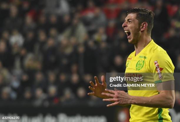 Nantes' Argentinian forward Emiliano Sala reacts after missing a goal during the French L1 football match between Rennes and Nantes on January 28,...