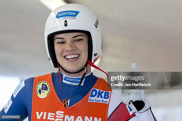 Summer Britcher of the USA reacts after her second run of the Women's Luge competition during the second day of the FILWorld Championships at...