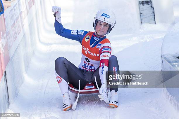 Emily Sweeney of the USA reacts after her second run of the Women's Luge competition during the second day of the FILWorld Championships at...
