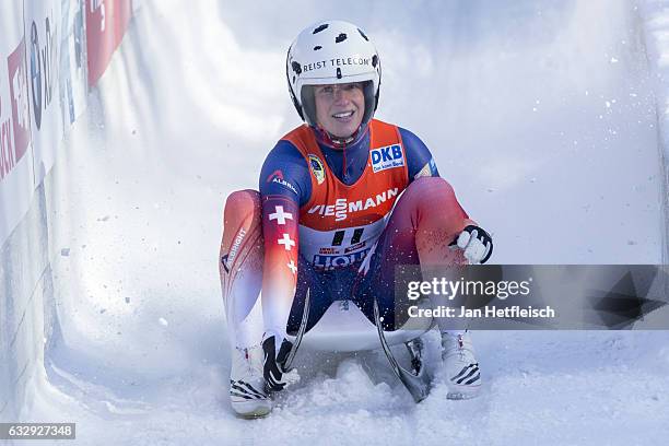 Martina Kocher of Switzerland reacts after her second run of the Women's Luge competition during the second day of the FILWorld Championships at...