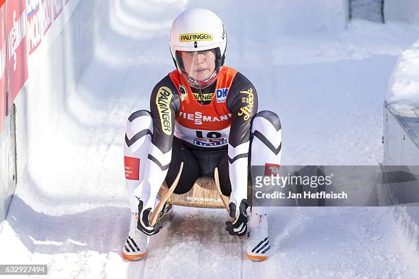 Birgit Platzer of Austria reacts after her second run of the Women's Luge competition during the second day of the FILWorld Championships at...