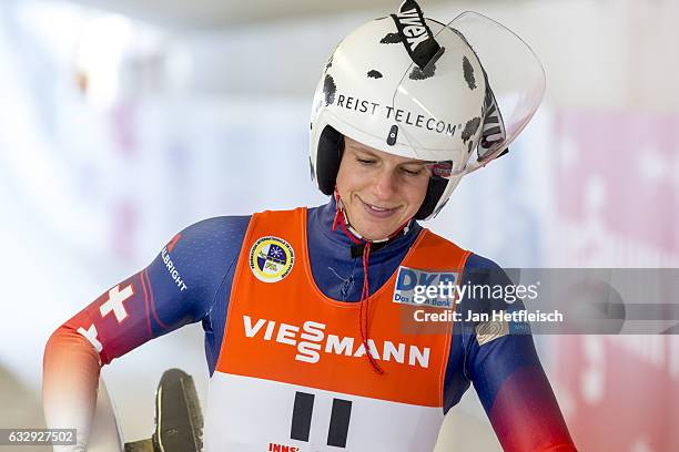 Martina Kocher of Switzerland reacts after her second run of the Women's Luge competition during the second day of the FILWorld Championships at...