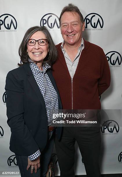 Donna Gigliotti and PGA President Gary Lucchesi attend the 28th Annual Producers Guild Awards Nominees Breakfast at Saban Theatre on January 28, 2017...