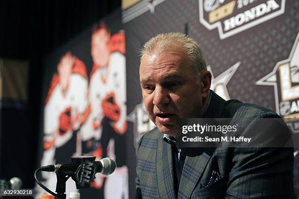 Michel Therrien head coach of the Montreal Canadiens speaks to the media during 2017 NHL All-Star Media Day as part of the 2017 NHL All-Star Weekend...