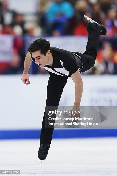 Javier Fernandez of Spain competes in the Men's Free Skating during day 4 of the European Figure Skating Championships at Ostravar Arena on January...