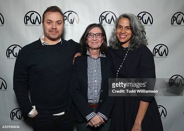 Theodore Melfi, Donna Gigliotti and Mimi Valdes attend the 28th Annual Producers Guild Awards Nominees Breakfast at Saban Theatre on January 28, 2017...