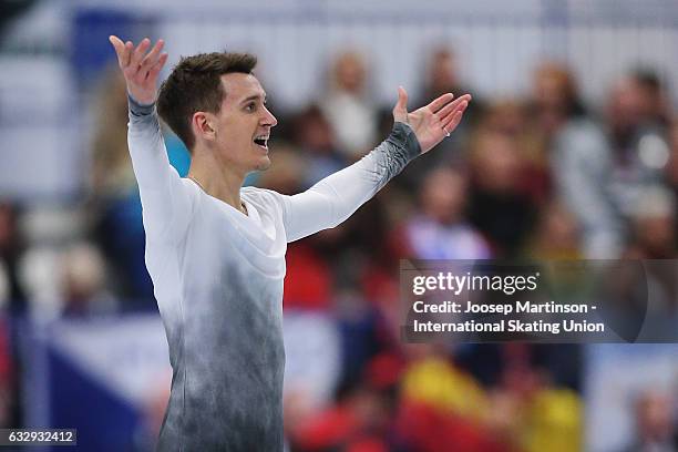 Maxim Kovtun of Russia reacts after competing in the Men's Free Skating during day 4 of the European Figure Skating Championships at Ostravar Arena...