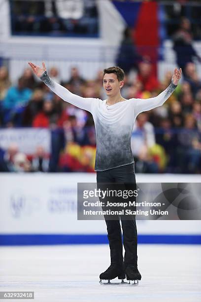 Maxim Kovtun of Russia reacts after competing in the Men's Free Skating during day 4 of the European Figure Skating Championships at Ostravar Arena...
